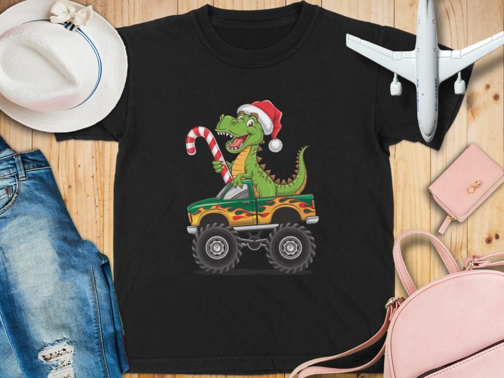 Christmas Dinosaur T Shirt, Dino Santa Hat Tee, Monster Truck Shirt, Holiday T Rex, Funny Xmas Gift, Dinosaur Lover Shirt, Kids Christmas