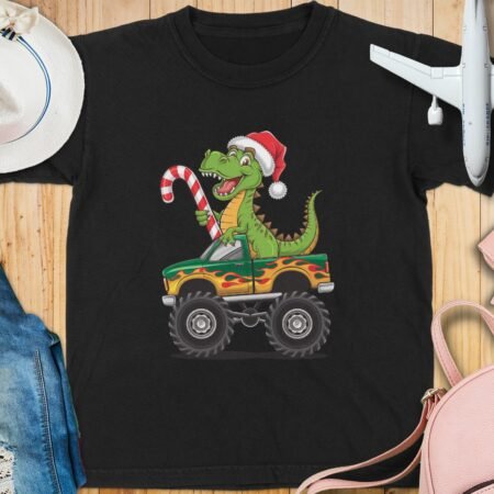 christmas-dinosaur-t-shirt-dino-santa-hat-tee-monster-truck-shirt-holiday-t-rex-funny-xmas-gift-dinosaur-lover-shirt-kids-christmas
